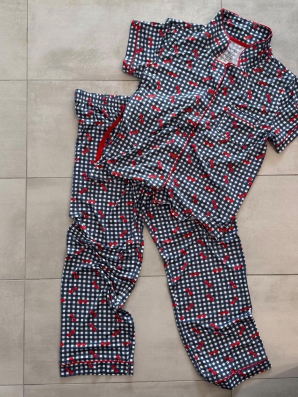 Matching PJ Set in navy gingham w/ red cherry print